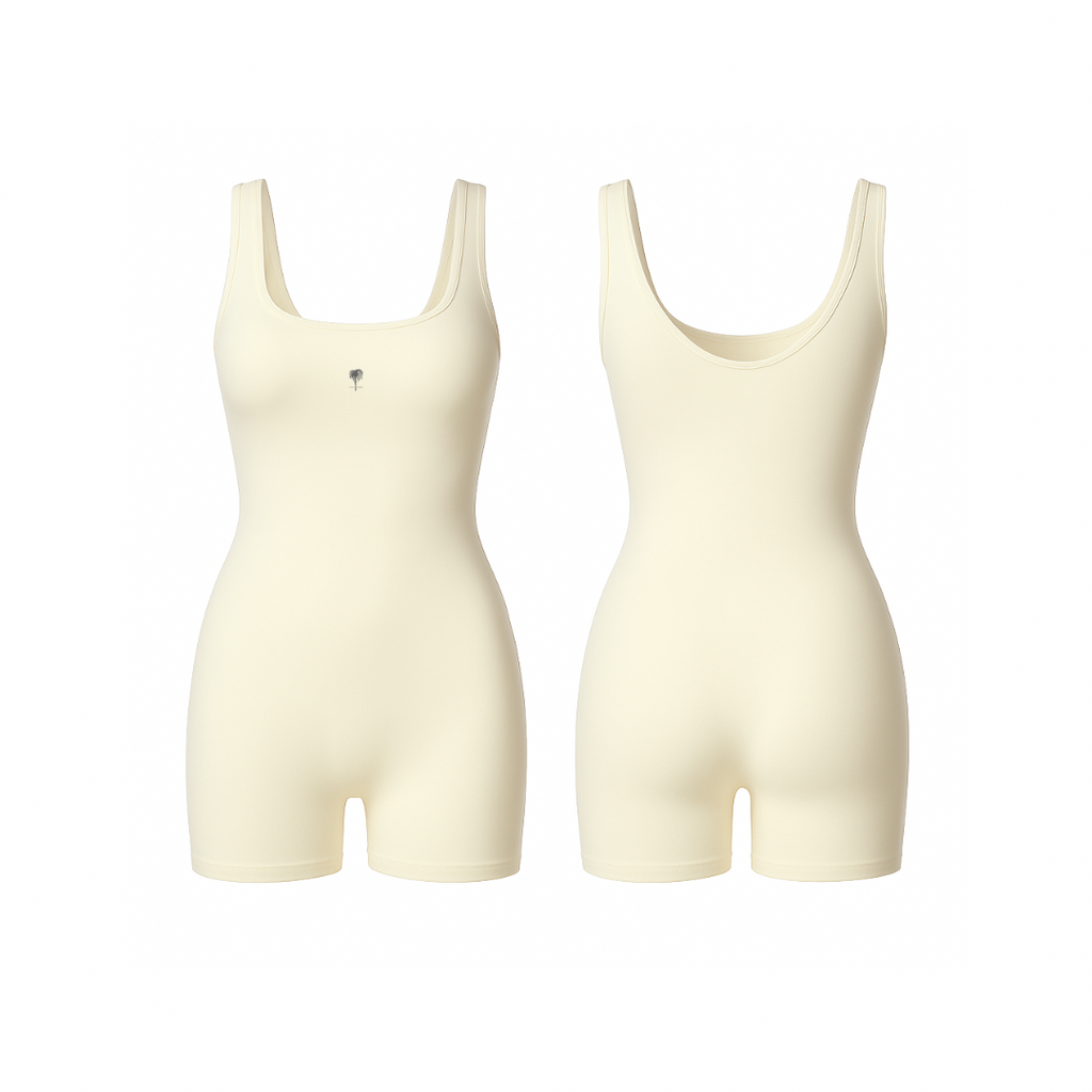 Seamless Light Yellow full-length sculpting one-piece with smooth compression and minimalist design, shown from front and back on a white background.