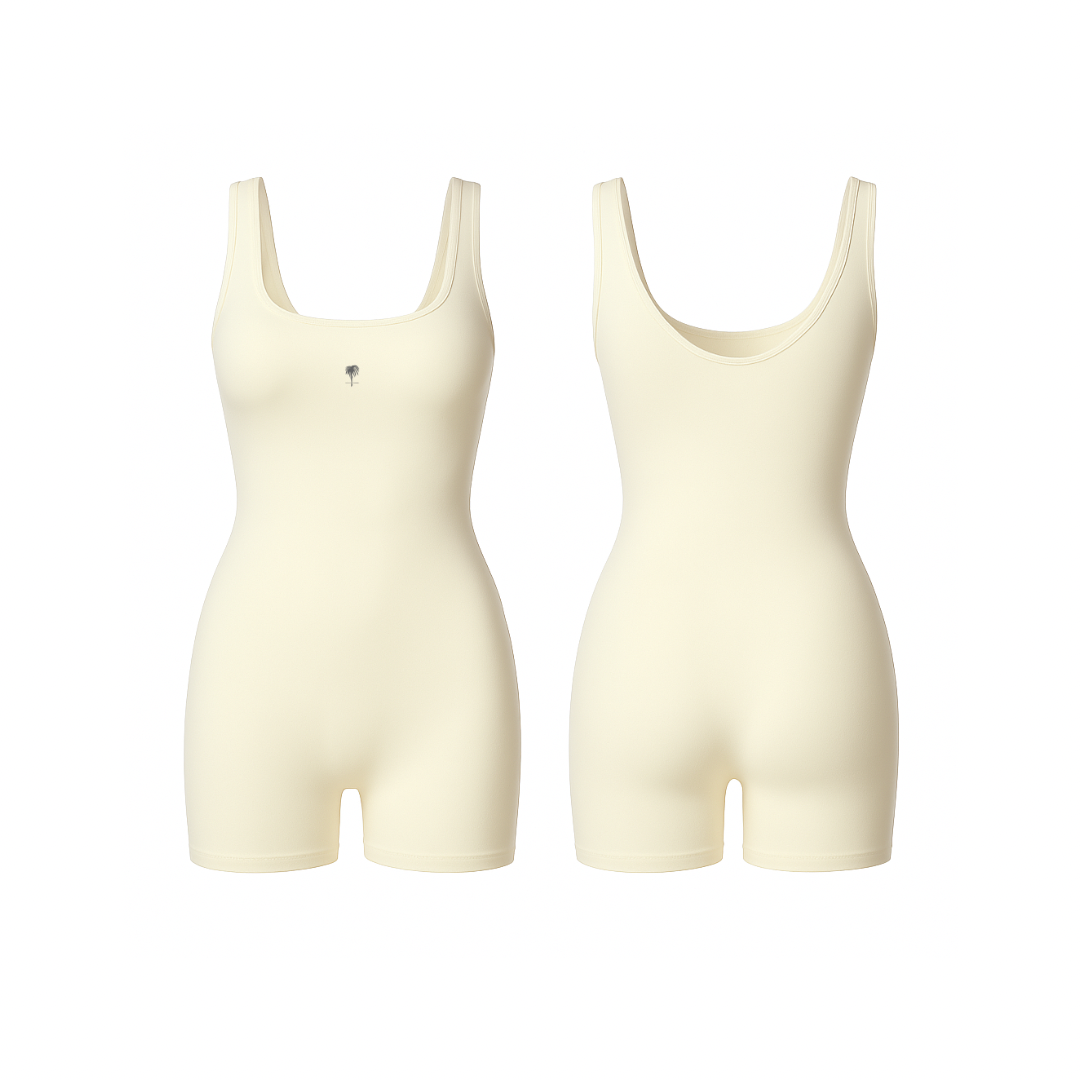 Seamless Light Yellow full-length sculpting one-piece with smooth compression and minimalist design, shown from front and back on a white background.