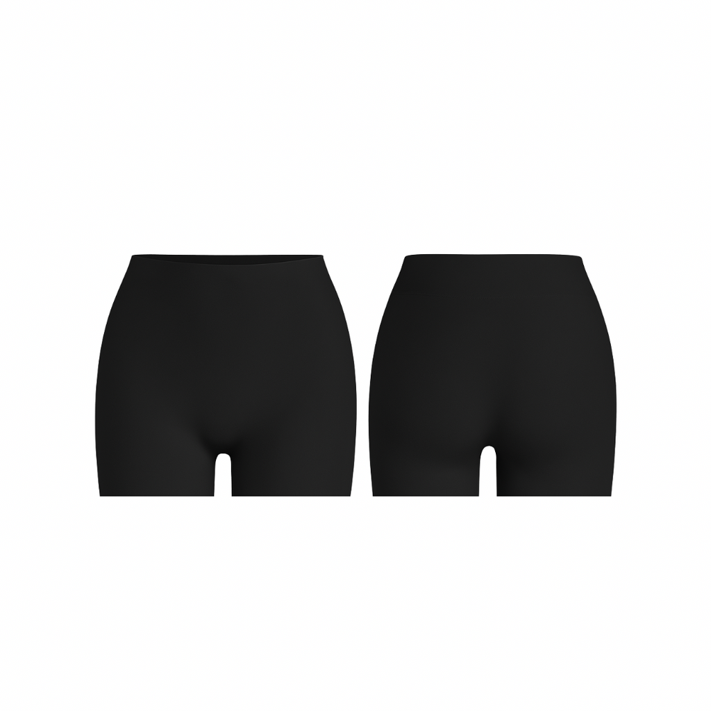 Seamless jet black shorts with a smooth, second-skin fit shown from front and back on a white background.