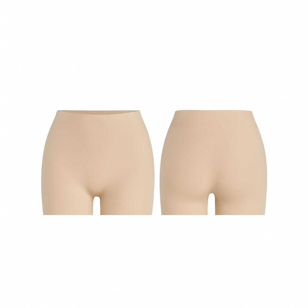 Seamless nude sand shorts with a smooth, second-skin fit shown from front and back on a white background.