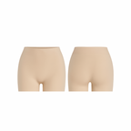 Seamless nude sand shorts with a smooth, second-skin fit shown from front and back on a white background.