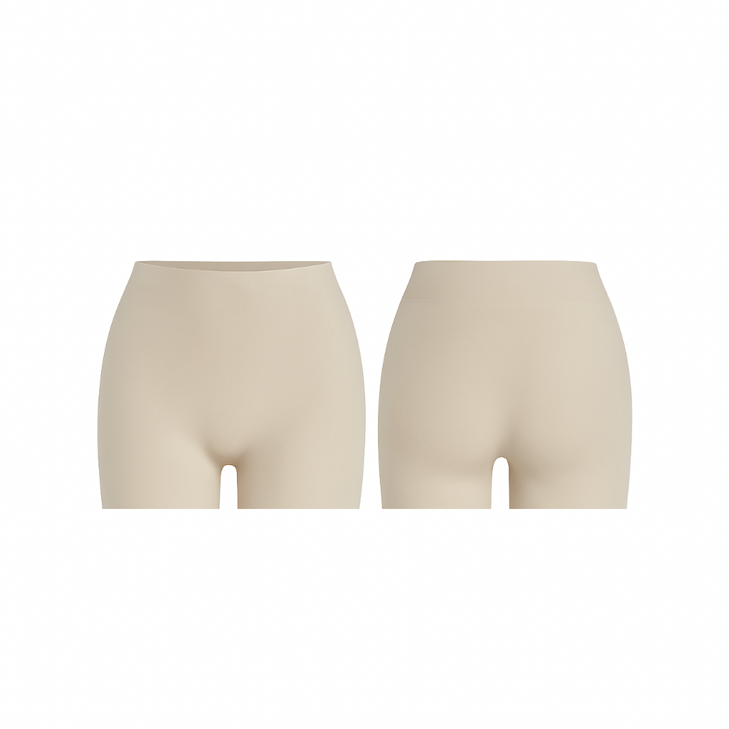 Seamless soft beige shorts with a smooth, second-skin fit shown from front and back on a white background.