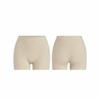 Seamless soft beige shorts with a smooth, second-skin fit shown from front and back on a white background.