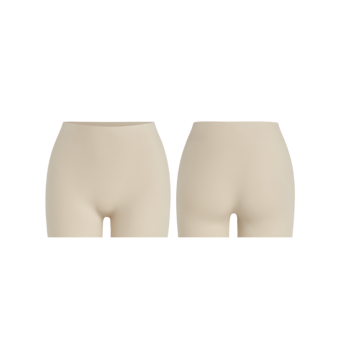 Seamless soft beige shorts with a smooth, second-skin fit shown from front and back on a white background.