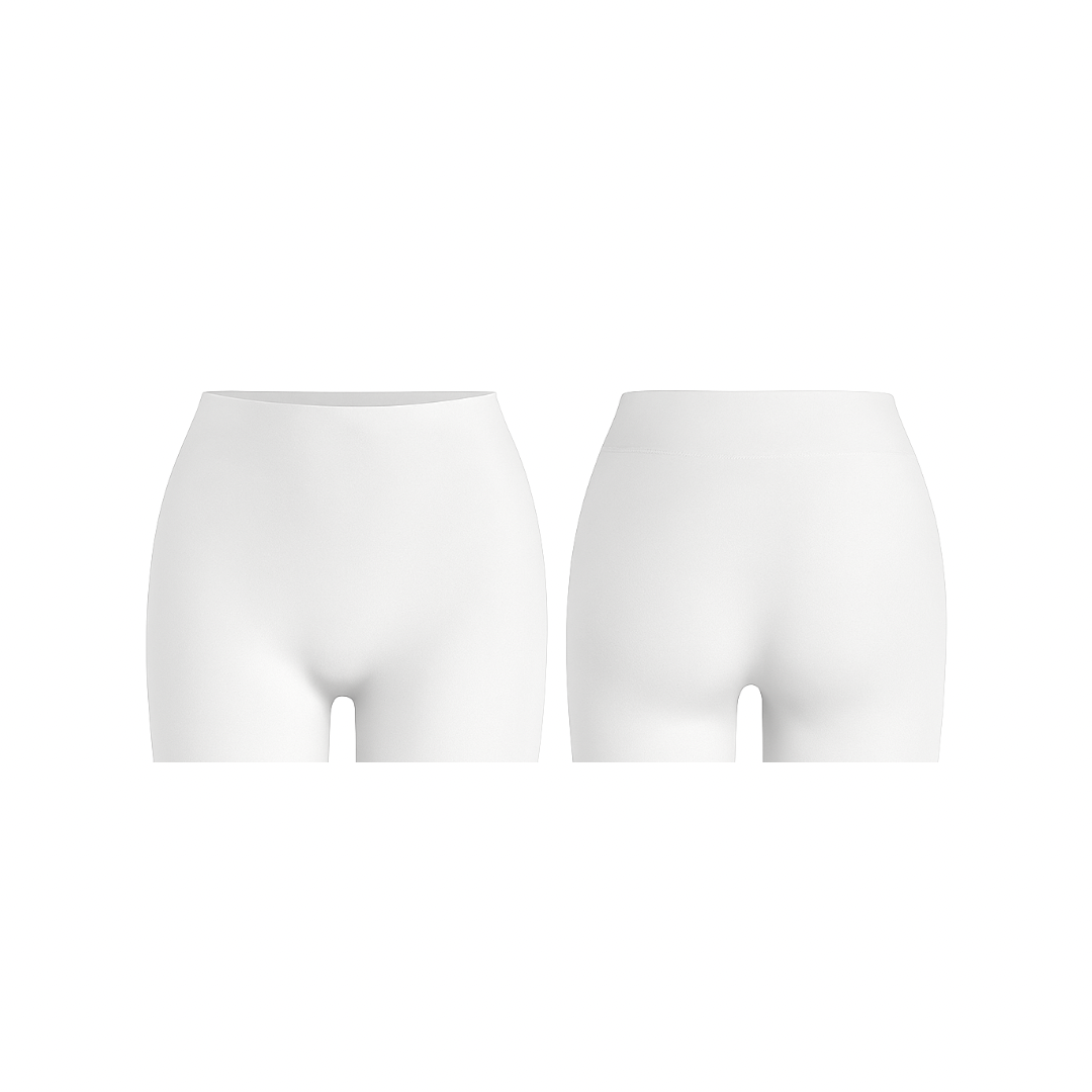 Seamless white shorts with a smooth, second-skin fit shown from front and back on a white background.