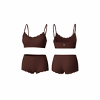 Seamless cocoa deep loungewear set featuring a soft cropped top and matching high-waist shorts, shown from front and back on a white background.