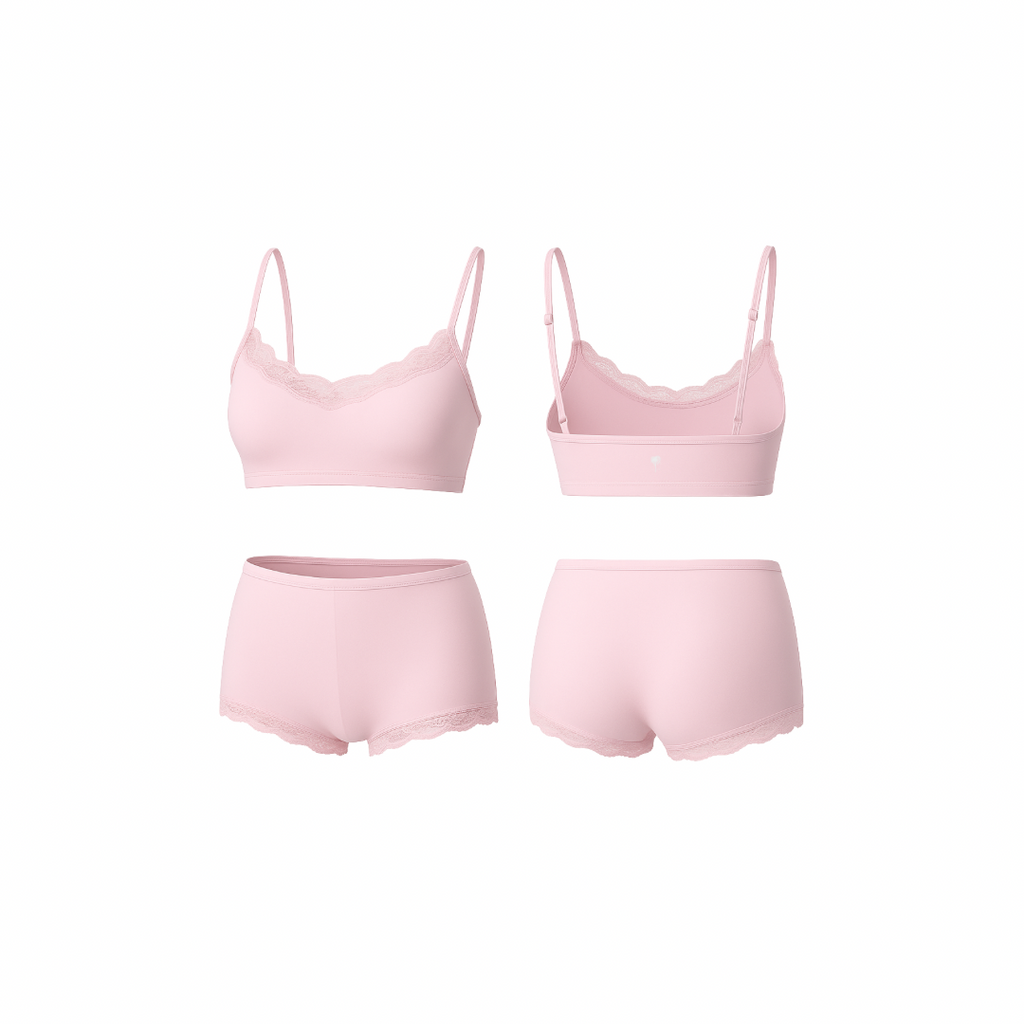 Seamless soft blush loungewear set featuring a soft cropped top and matching high-waist shorts, shown from front and back on a white background.