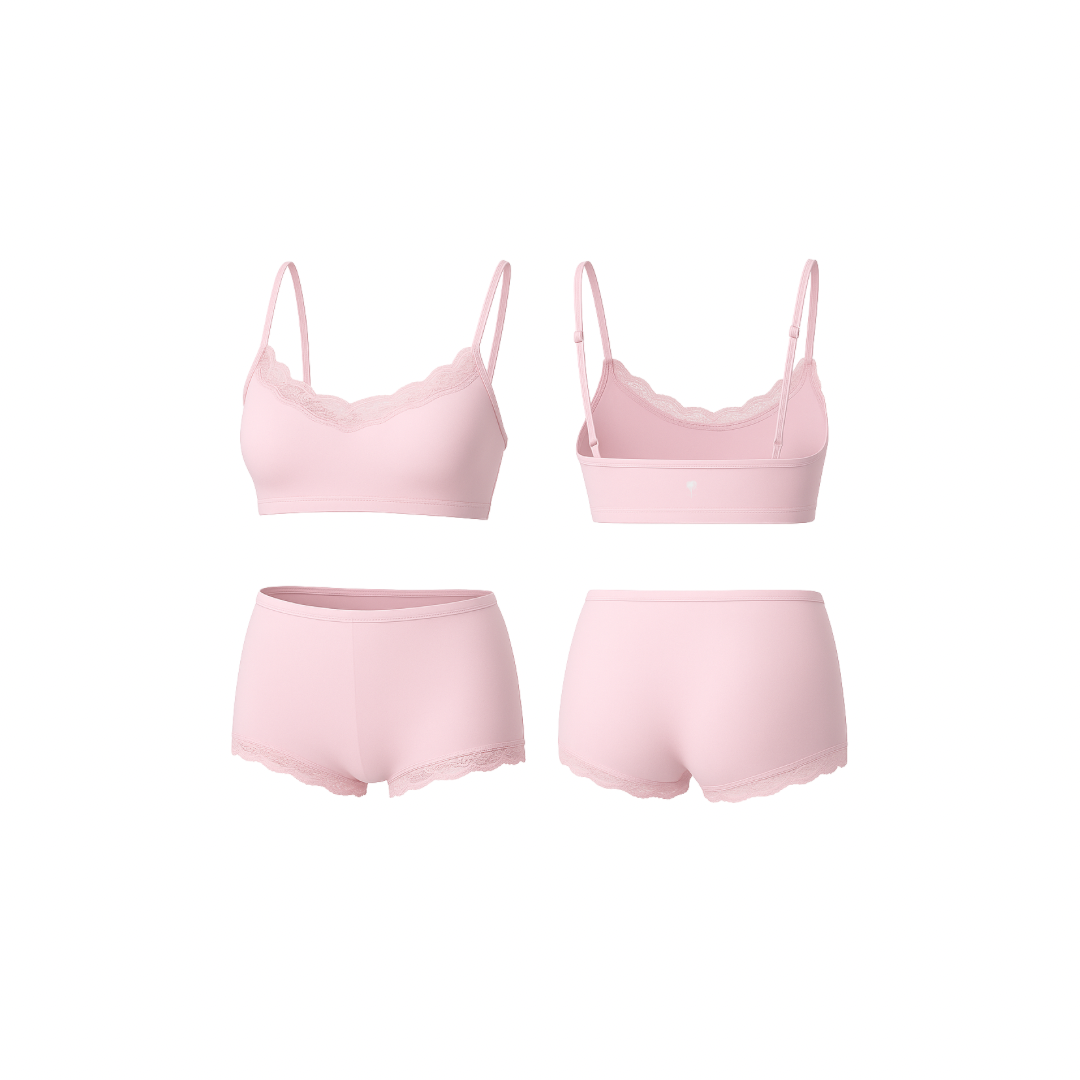 Seamless soft blush loungewear set featuring a soft cropped top and matching high-waist shorts, shown from front and back on a white background.
