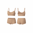 Seamless warm nude loungewear set featuring a soft cropped top and matching high-waist shorts, shown from front and back on a white background.