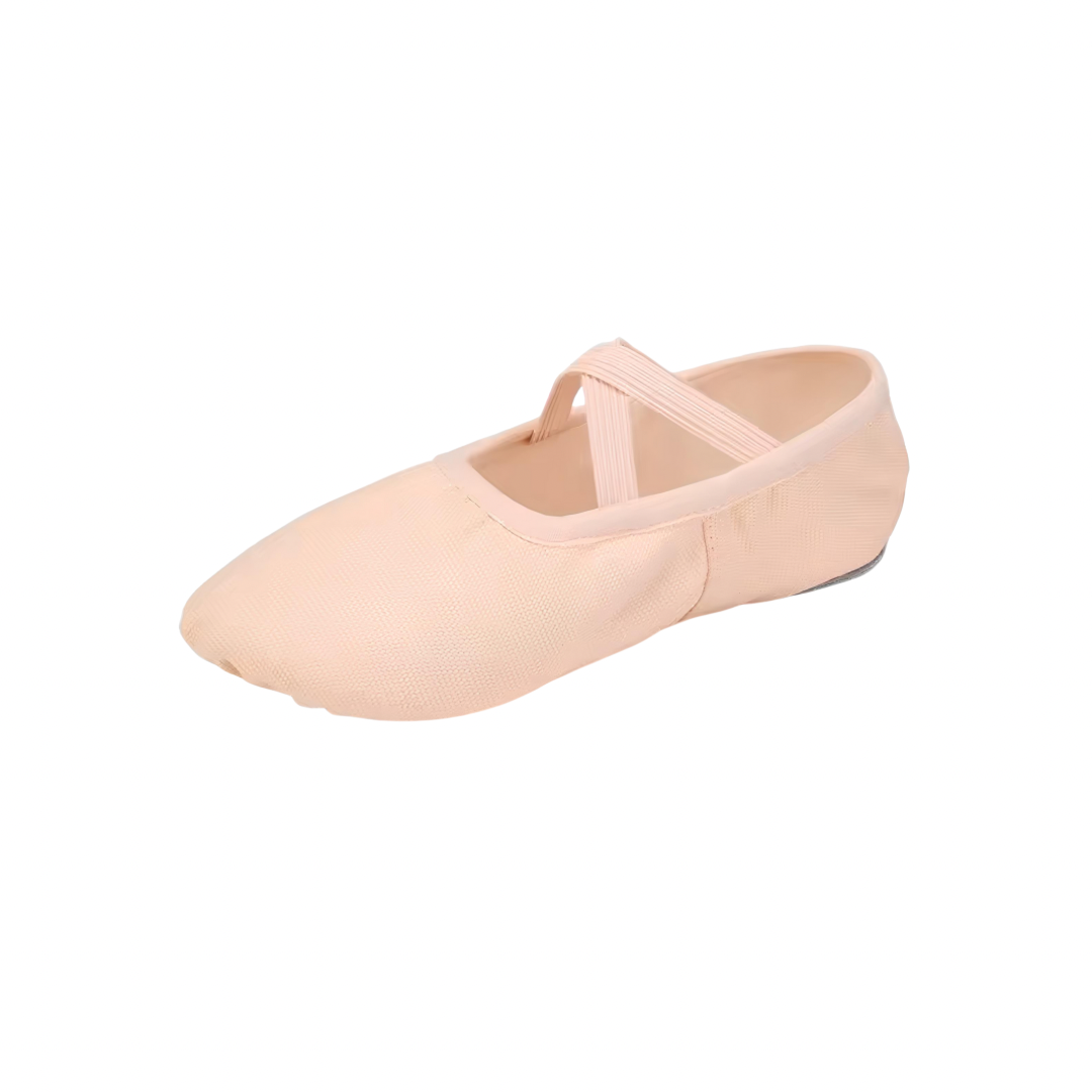 Dusty Rose minimalist ballet flat with elastic cross straps, photographed on a clean white background — part of The Palm Dancewear Collection.