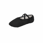 Jet black minimalist ballet flat with elastic cross straps, photographed on a clean white background — part of The Palm Dancewear Collection.