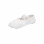 White minimalist ballet flat with elastic cross straps, photographed on a clean white background — part of The Palm Dancewear Collection.