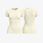 Neutral Beige SoftForm™ sculpting tee with a body-hugging fit and soft, breathable cotton-spandex stretch.