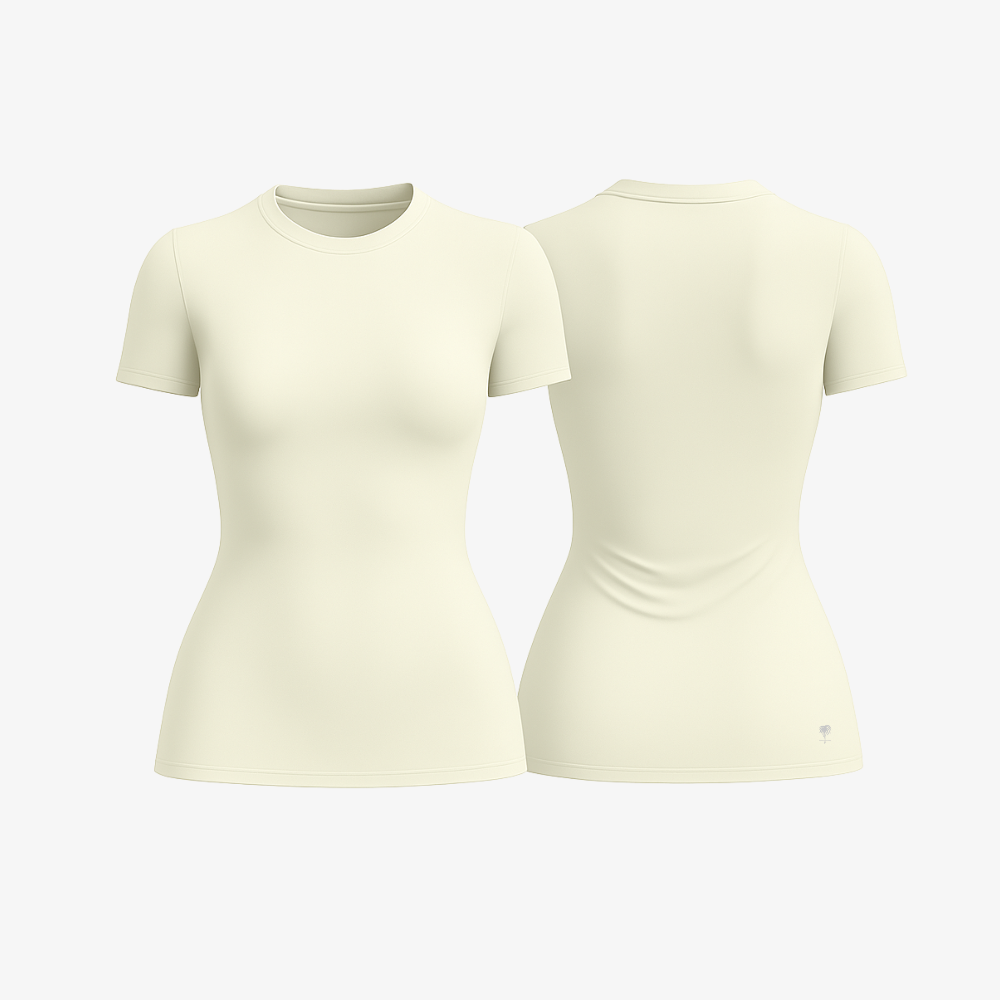 Neutral Beige SoftForm™ sculpting tee with a body-hugging fit and soft, breathable cotton-spandex stretch.