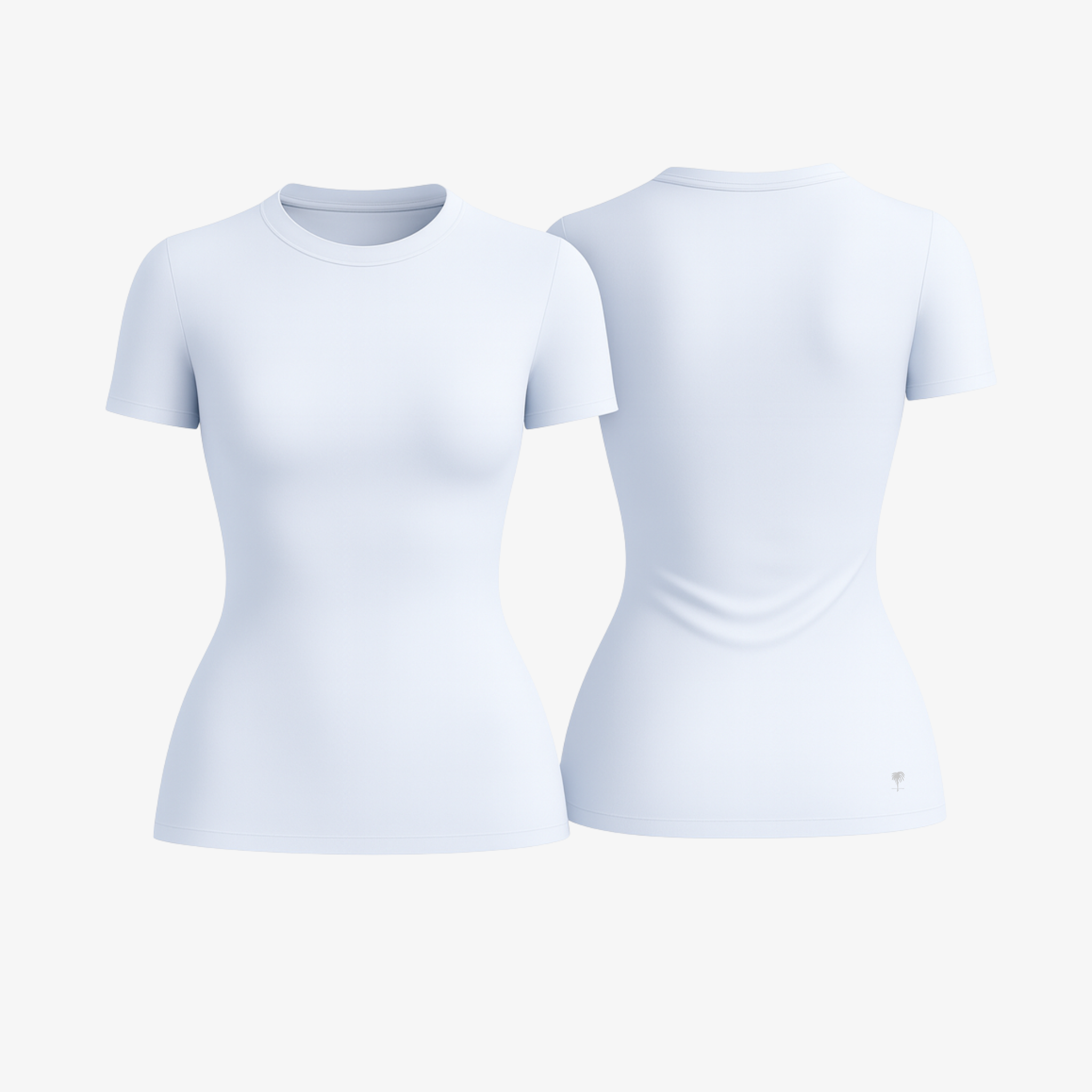 Serene Sky Blue SoftForm™ fitted tee offering gentle body-smoothing and lightweight comfort for studio or street.