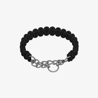 The Palm Black braided nylon rope dog collar with durable zinc alloy chain and D-ring for medium and large dogs on a white background