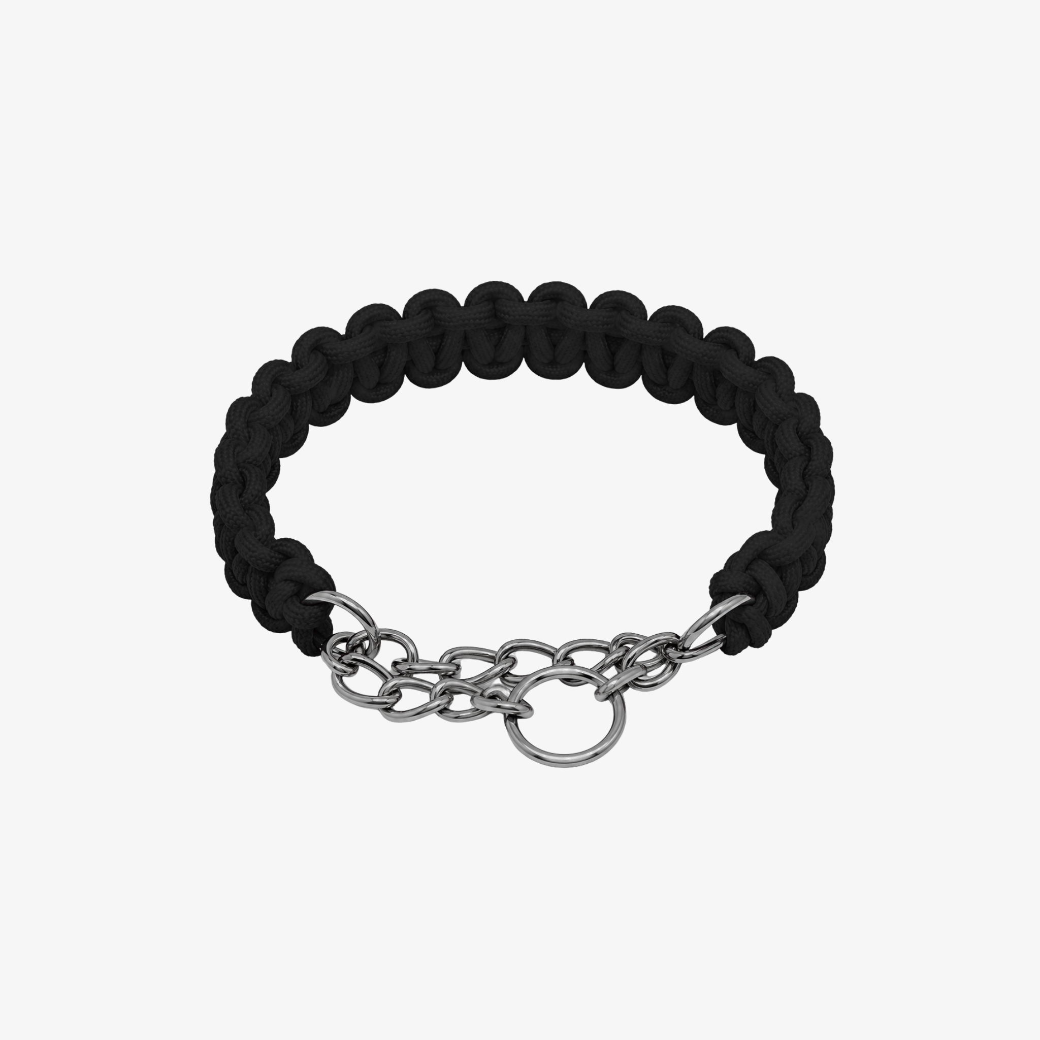 The Palm Black braided nylon rope dog collar with durable zinc alloy chain and D-ring for medium and large dogs on a white background