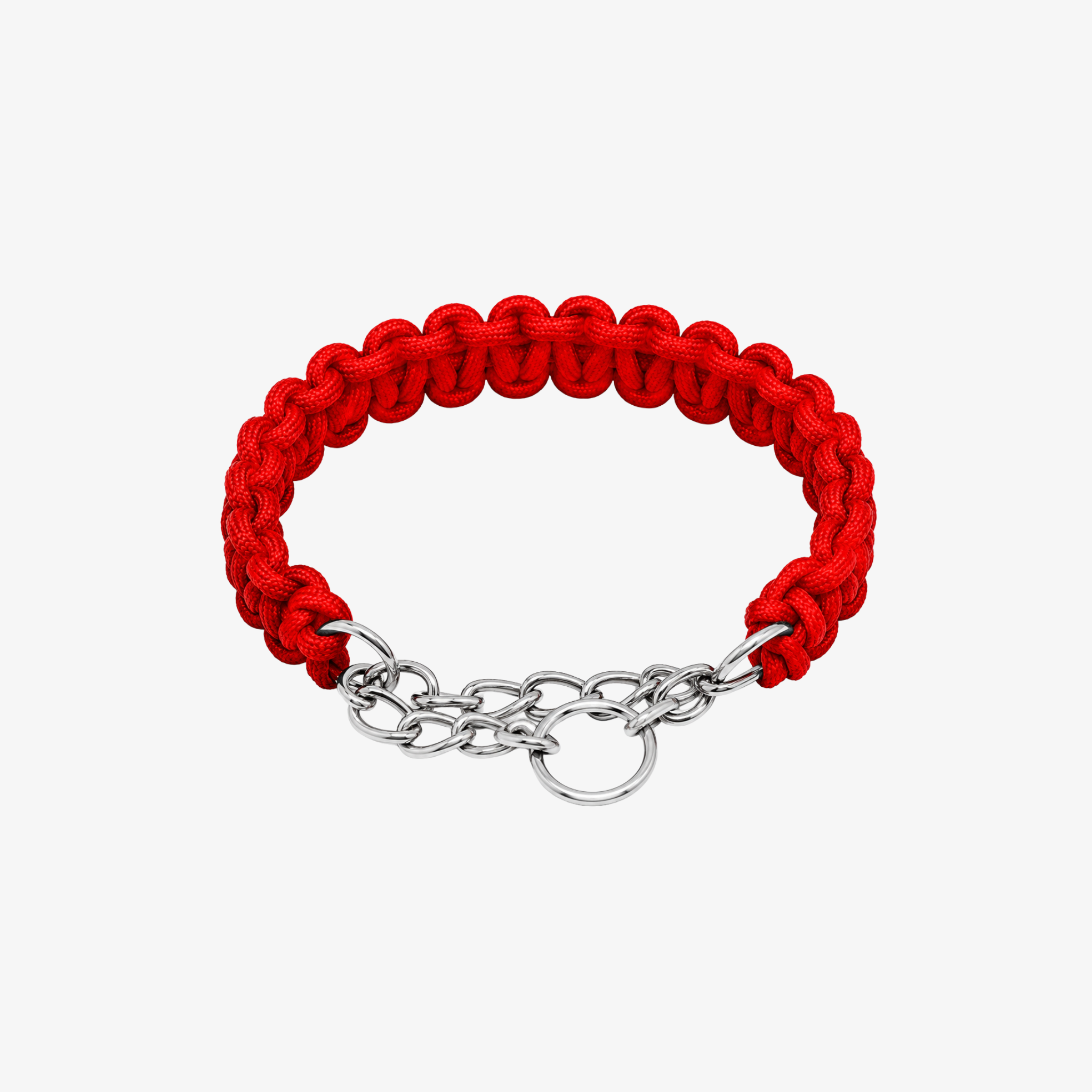 The Palm Crimson Red braided nylon rope dog collar with durable zinc alloy chain and D-ring for medium and large dogs on a white background