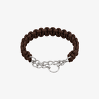 The Palm Espresso Brown braided nylon rope dog collar with durable zinc alloy chain and D-ring for medium and large dogs on a white background