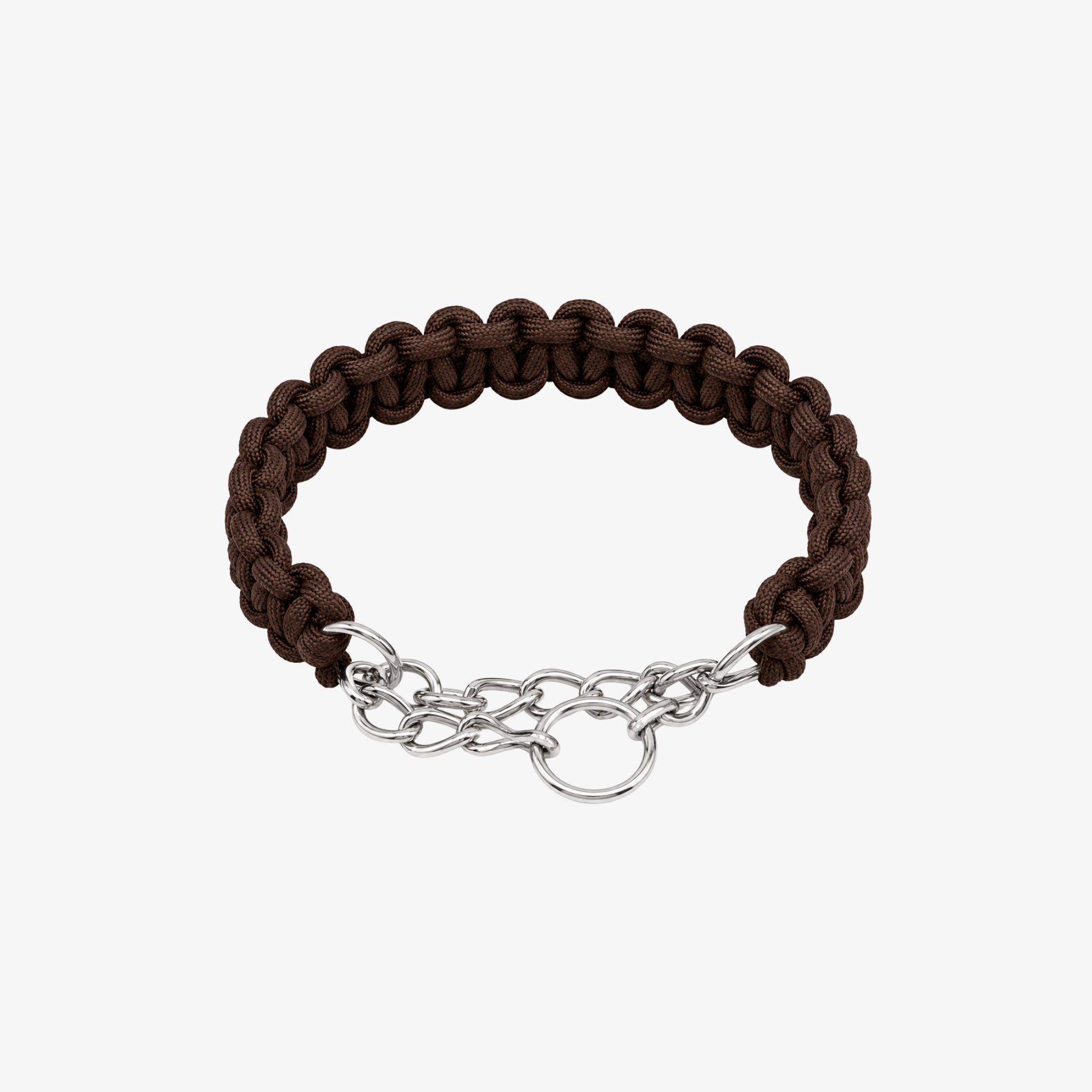 The Palm Espresso Brown braided nylon rope dog collar with durable zinc alloy chain and D-ring for medium and large dogs on a white background