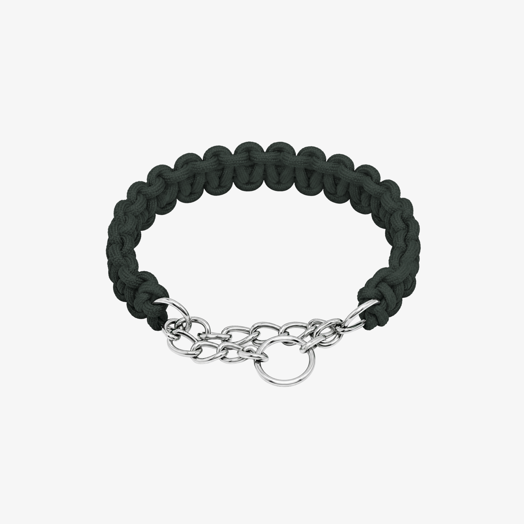 The Palm Evergreen braided nylon rope dog collar with durable zinc alloy chain and D-ring for medium and large dogs on a white background