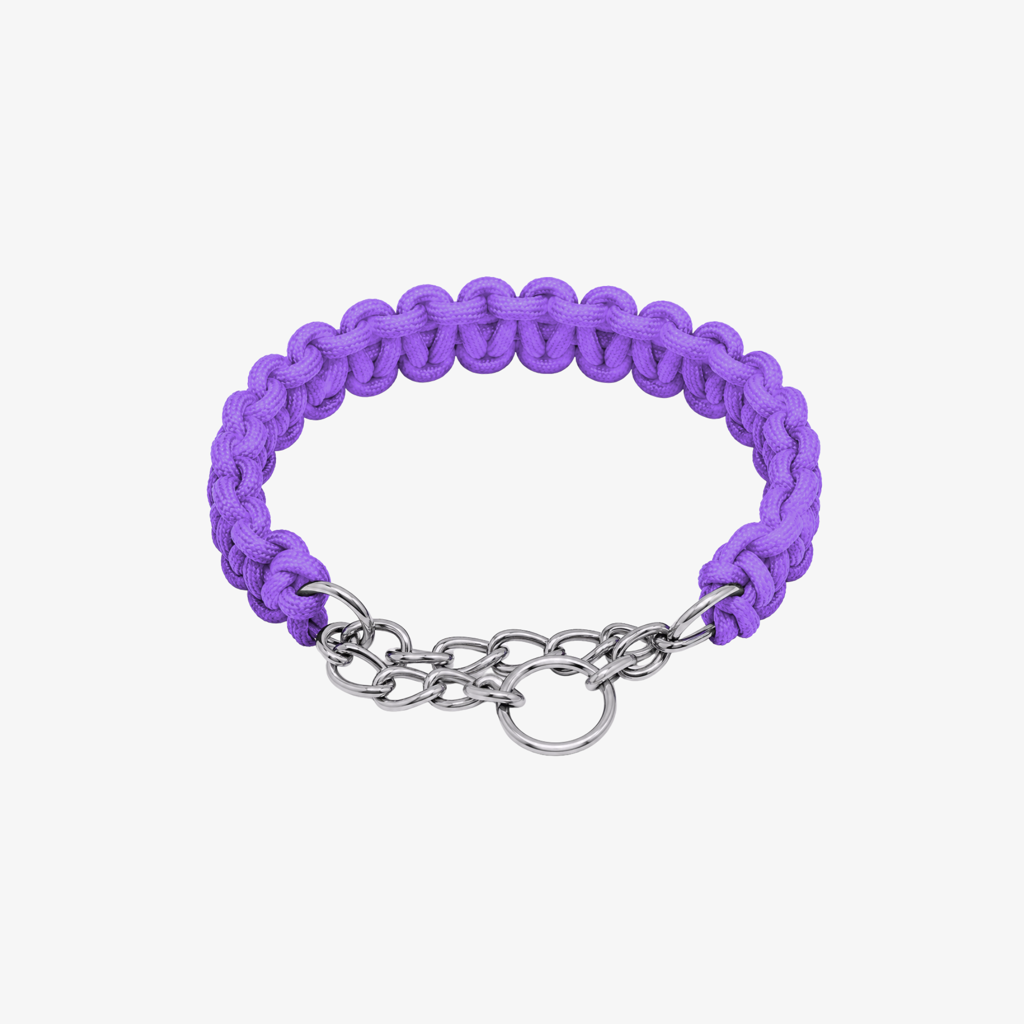 The Palm Lavender braided nylon rope dog collar with durable zinc alloy chain and D-ring for medium and large dogs on a white background