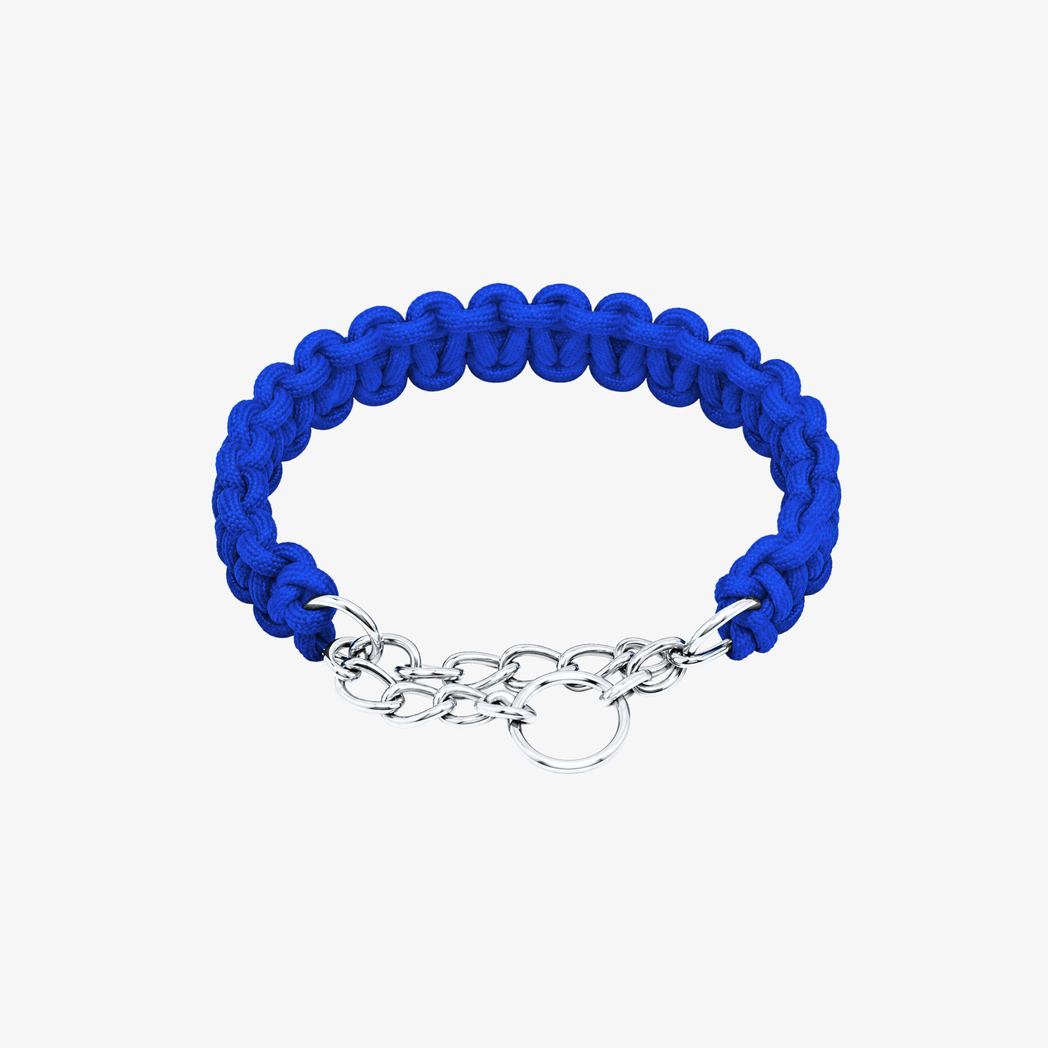 The Palm Ocean Blue braided nylon rope dog collar with durable zinc alloy chain and D-ring for medium and large dogs on a white background