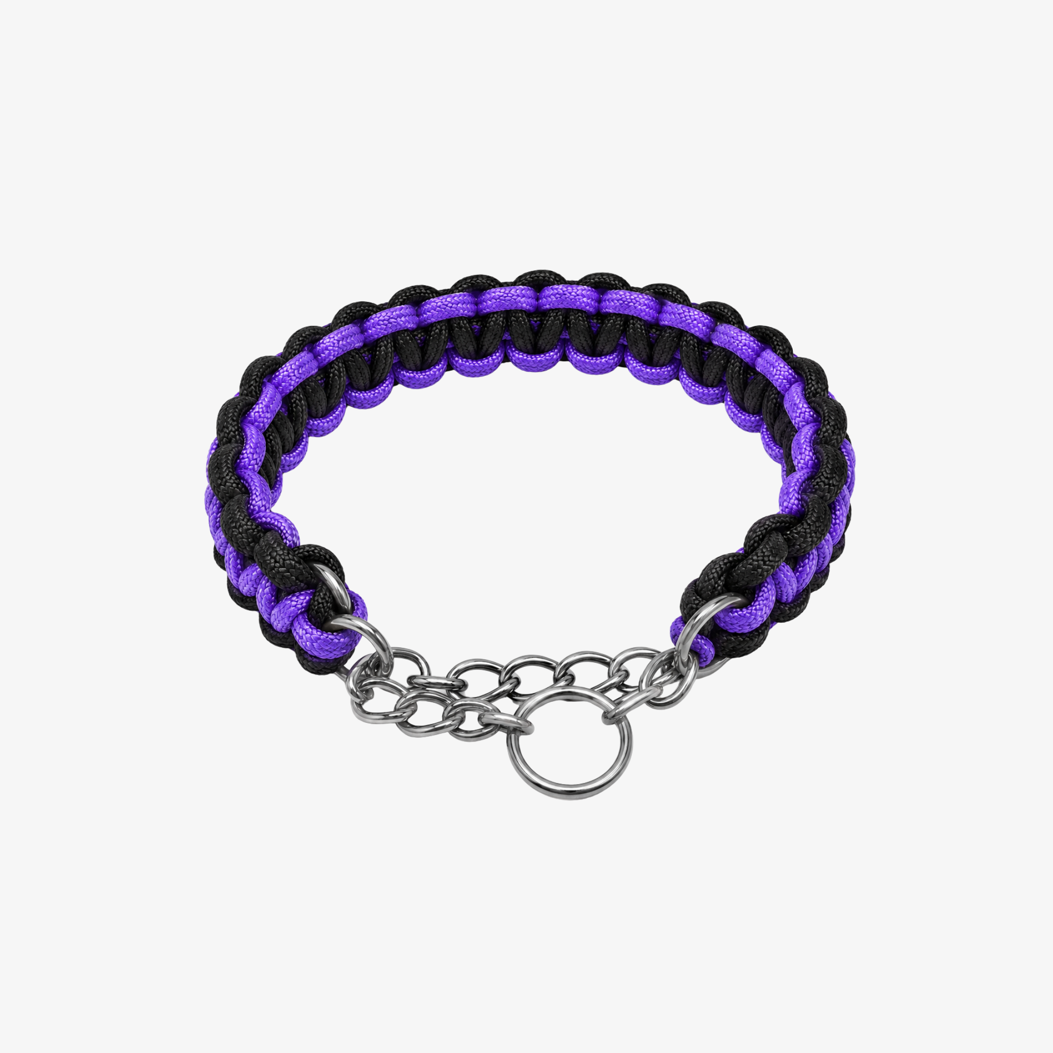 The Palm TwistRope™ two-tone braided dog collar in Electric Violet and Black with durable nylon rope, heavy-duty steel slip chain, and adjustable fit for medium and large dogs.