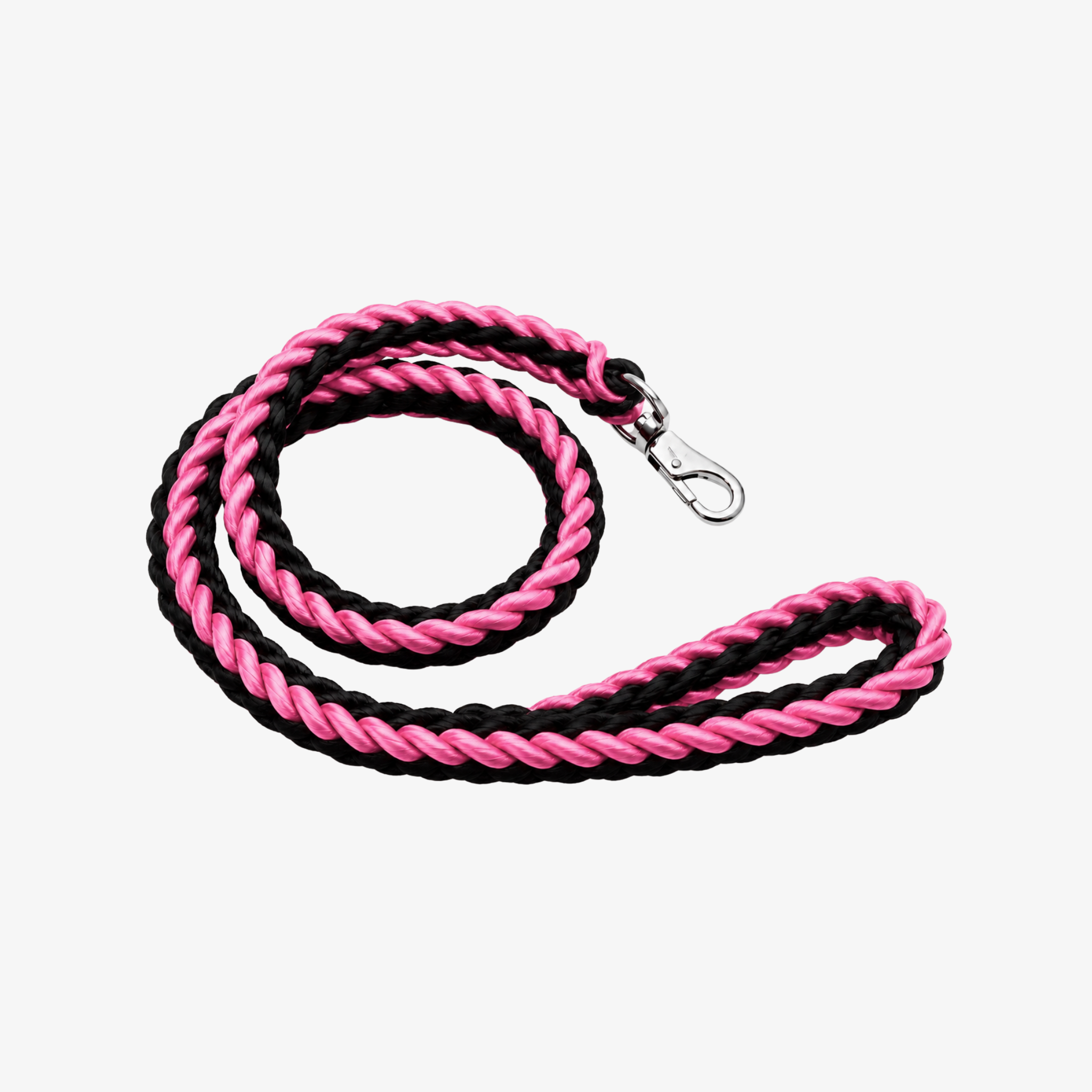 The Palm TwistRope™ two-tone braided rope dog leash in Black and Bubblegum Pink with durable nylon rope, heavy-duty metal swivel clip, and comfortable hand loop for medium and large dogs.