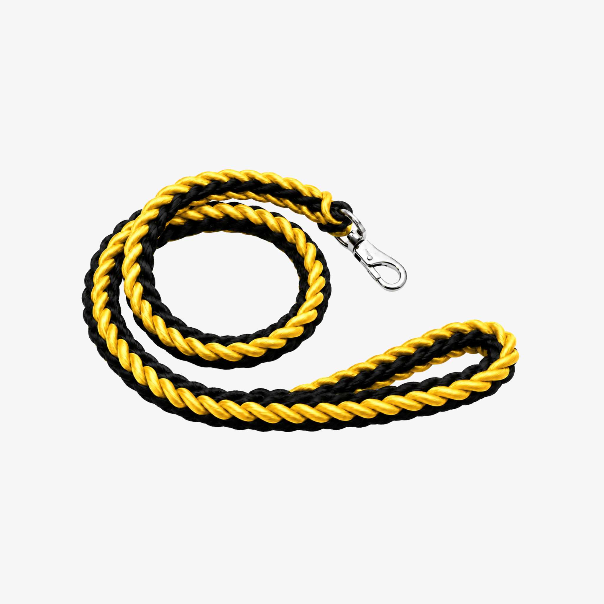 The Palm TwistRope™ two-tone braided rope dog leash in Black and Golden Mustard with durable nylon rope, heavy-duty metal swivel clip, and comfortable hand loop for medium and large dogs.