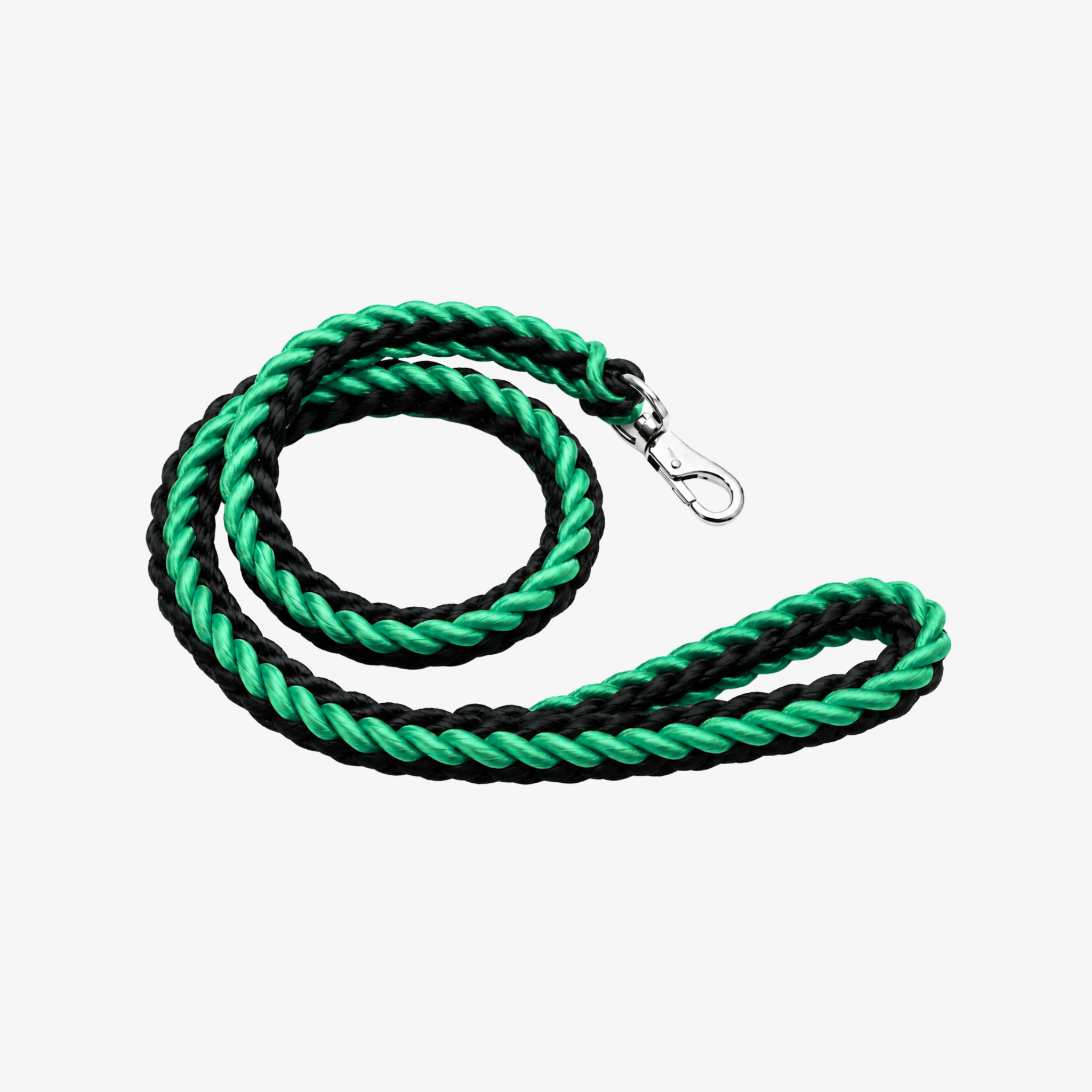 The Palm TwistRope™ two-tone braided rope dog leash in Black and Sage Green with durable nylon rope, heavy-duty metal swivel clip, and comfortable hand loop for medium and large dogs.
