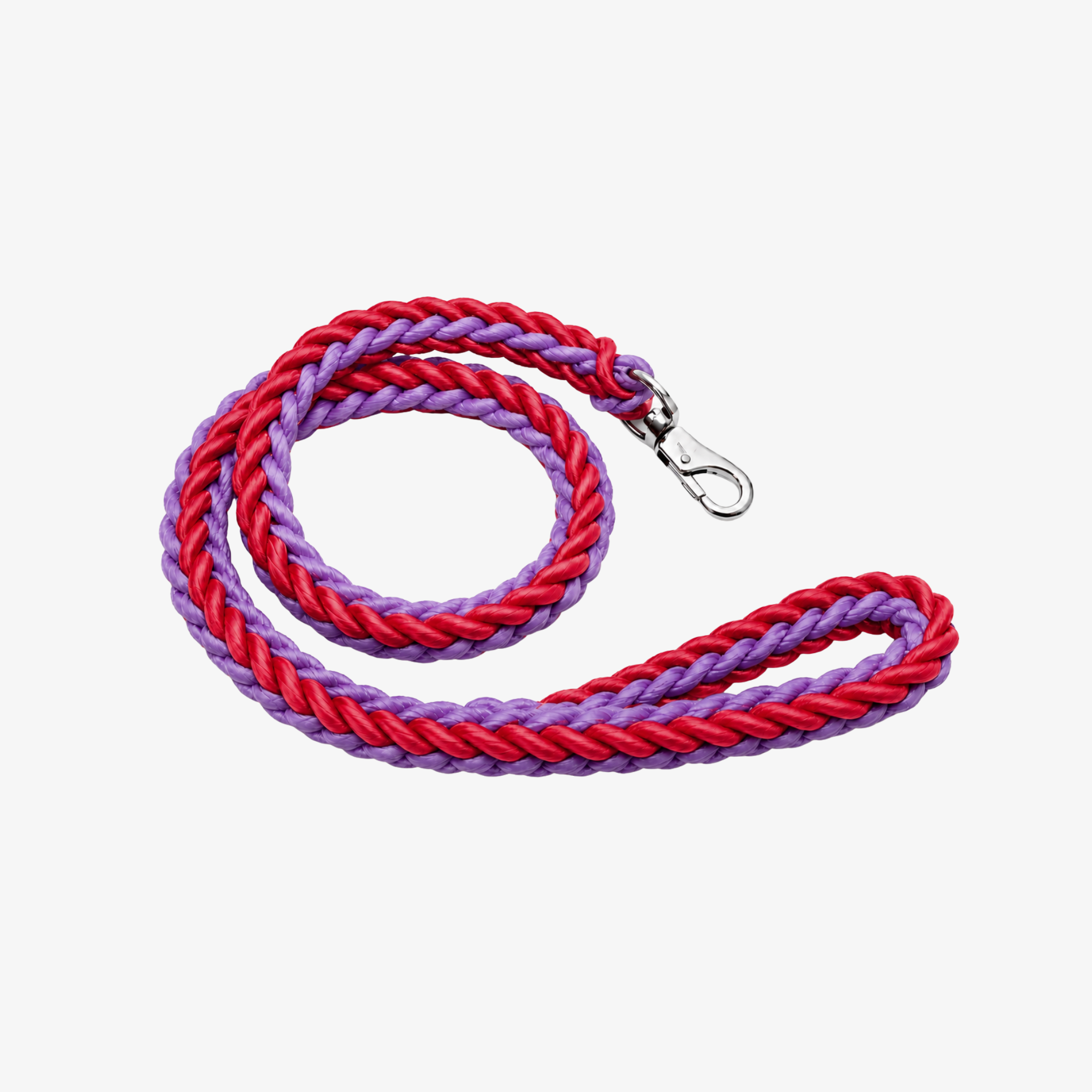 The Palm TwistRope™ two-tone braided rope dog leash in Crimson Red and Lavender with durable nylon rope, heavy-duty metal swivel clip, and comfortable hand loop for medium and large dogs.