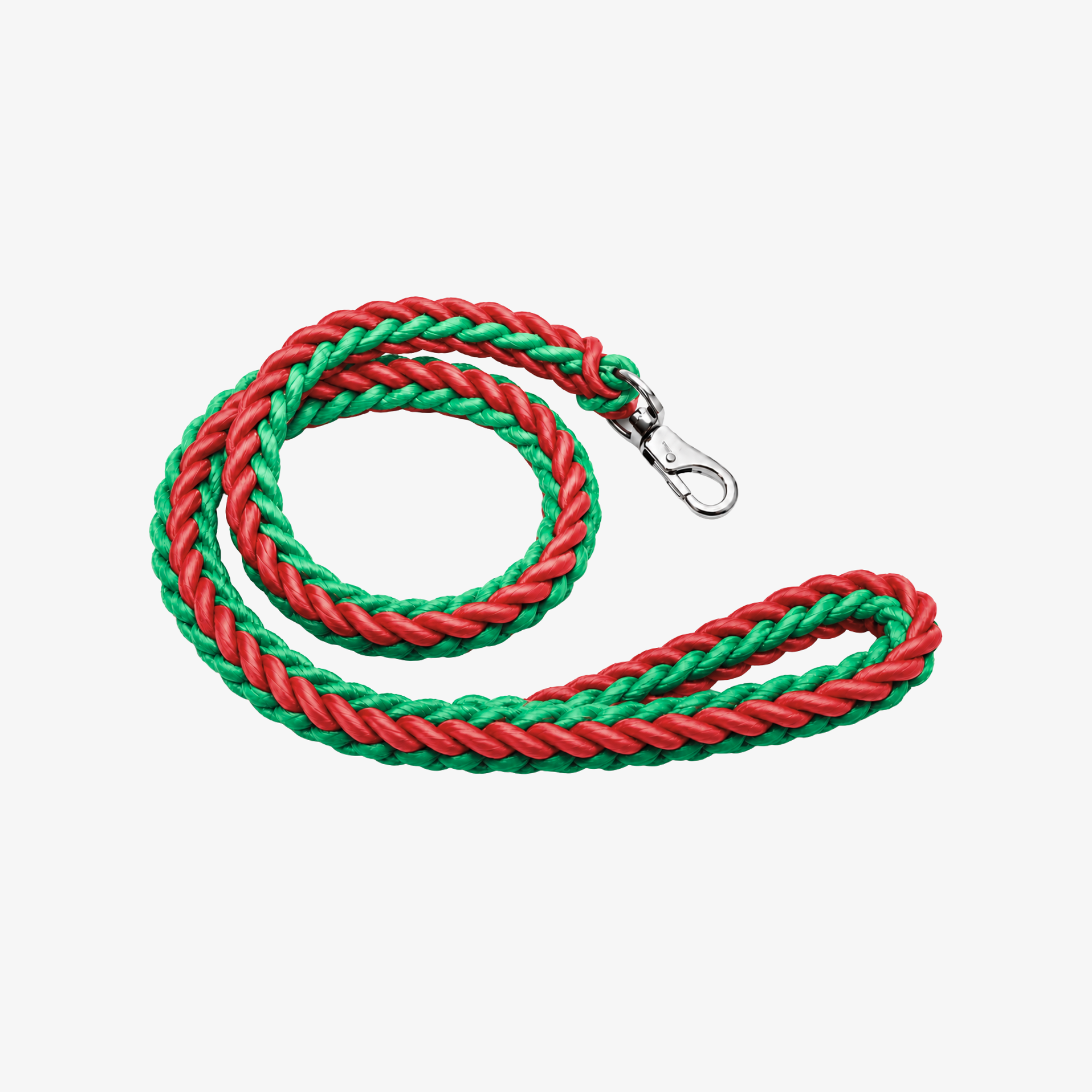The Palm TwistRope™ two-tone braided rope dog leash in Crimson Red and Sage Green with durable nylon rope, heavy-duty metal swivel clip, and comfortable hand loop for medium and large dogs.