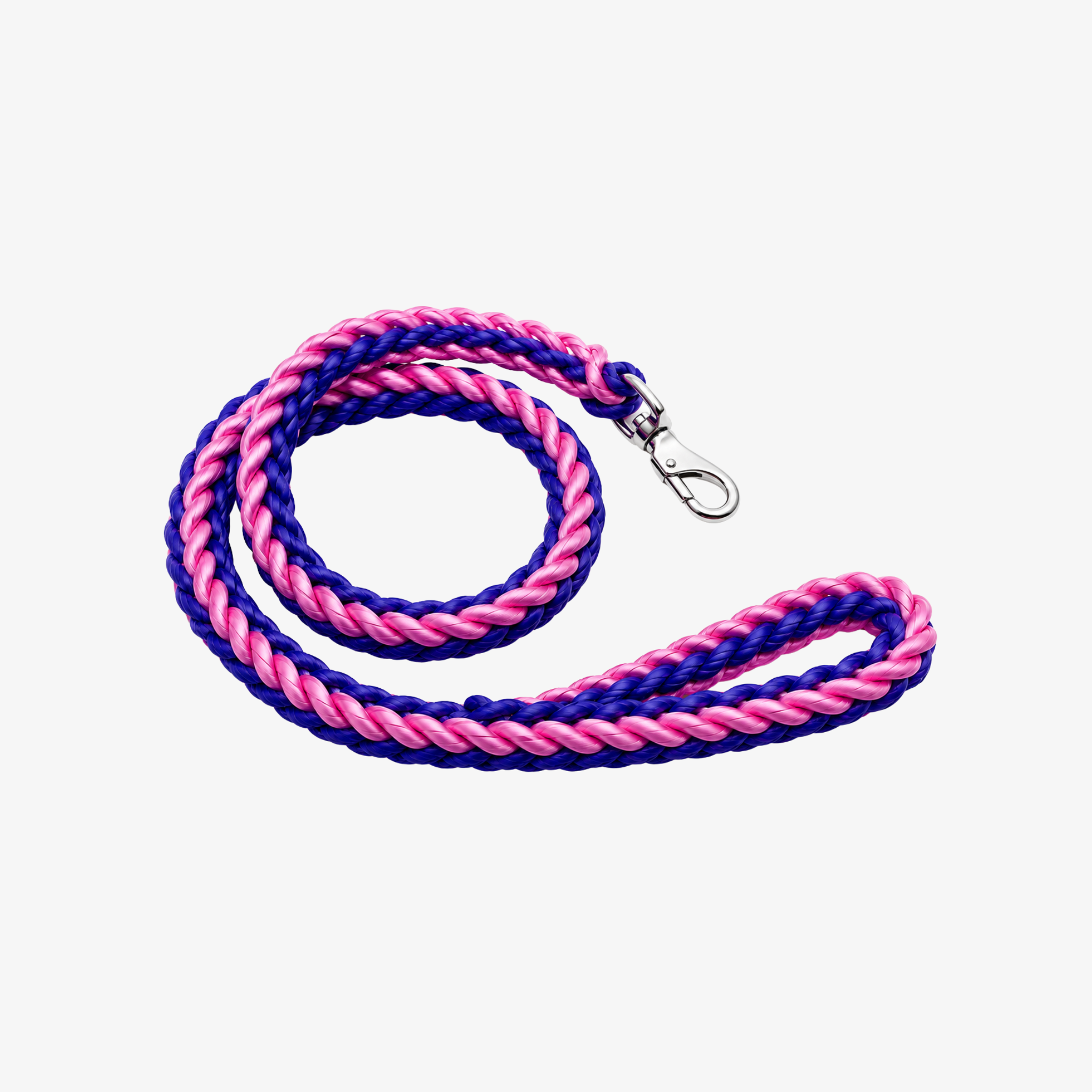 The Palm TwistRope™ two-tone braided rope dog leash in Royal Blue and Bubblegum Pink with durable nylon rope, heavy-duty metal swivel clip, and comfortable hand loop for medium and large dogs.