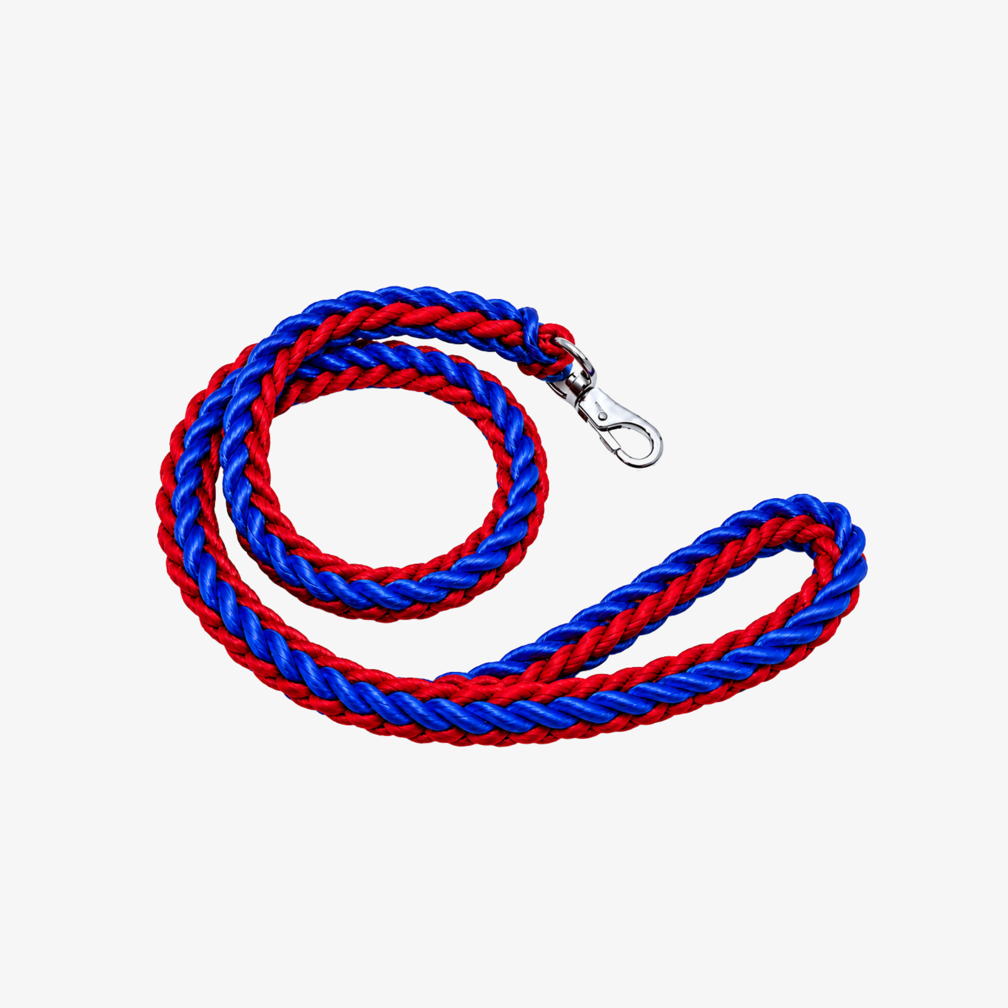 The Palm TwistRope™ two-tone braided rope dog leash in Royal Blue and Crimson Red with durable nylon rope, heavy-duty metal swivel clip, and comfortable hand loop for medium and large dogs.