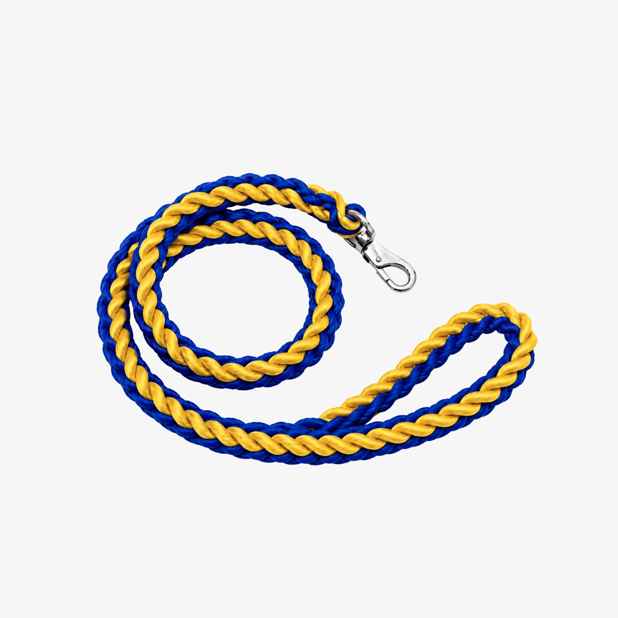 The Palm TwistRope™ two-tone braided rope dog leash in Royal Blue and Golden Mustard with durable nylon rope, solid metal swivel clip, and comfortable hand loop for medium and large dogs.