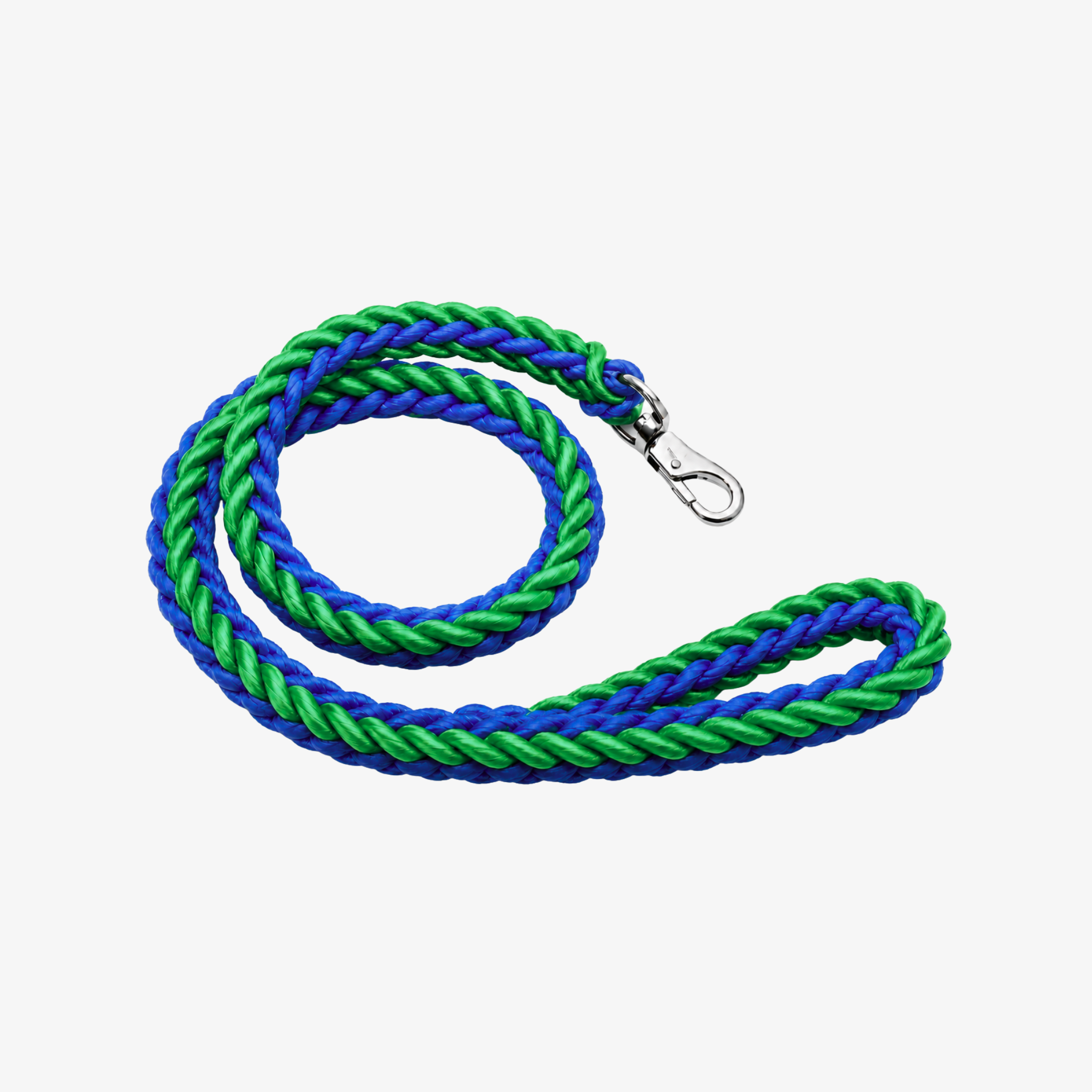 The Palm TwistRope™ two-tone braided rope dog leash in Royal Blue and Sage Green with durable nylon rope, heavy-duty metal swivel clip, and comfortable hand loop for medium and large dogs.