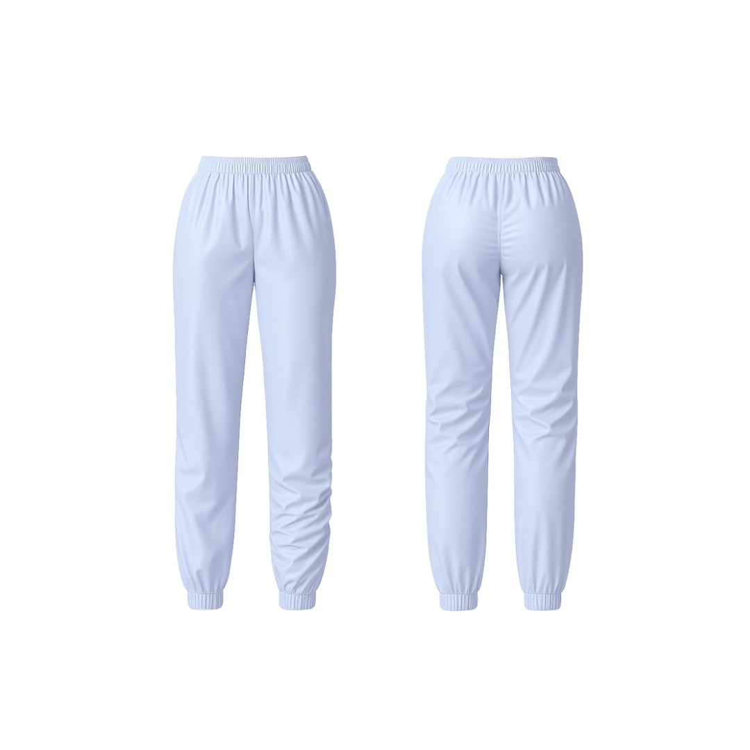 Minimalist ice blue joggers with a sculpting high-rise fit and tapered ankle design — crafted for effortless comfort and everyday elegance.