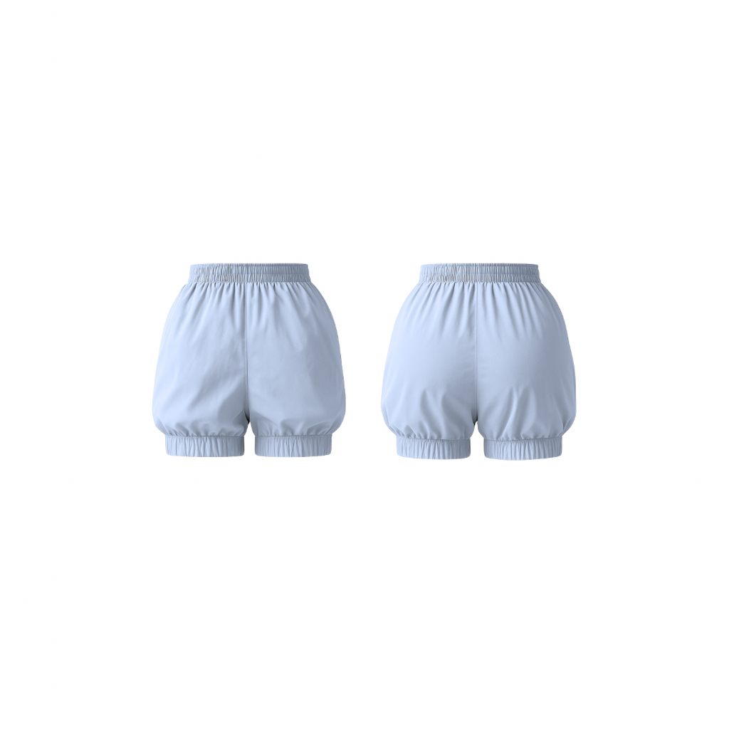 Minimalist ice blue shorts with a soft bubble silhouette, elastic waistband, and smooth matte finish — front and back view on a white background.