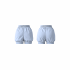 Minimalist ice blue shorts with a soft bubble silhouette, elastic waistband, and smooth matte finish — front and back view on a white background.
