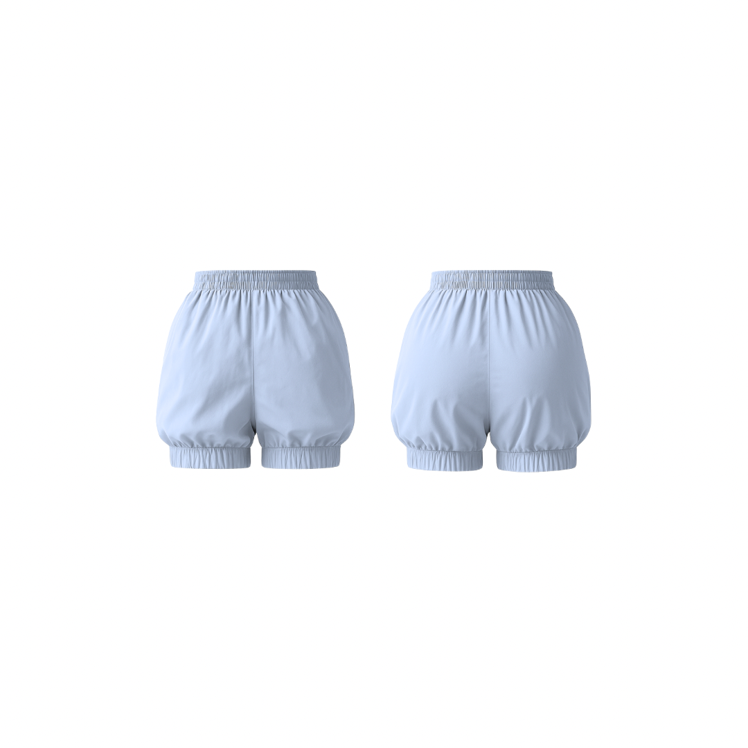 Minimalist ice blue shorts with a soft bubble silhouette, elastic waistband, and smooth matte finish — front and back view on a white background.