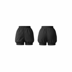 Minimalist jet black shorts with a soft bubble silhouette, elastic waistband, and smooth matte finish — front and back view on a white background.