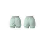 Minimalist mint cloud shorts with a soft bubble silhouette, elastic waistband, and smooth matte finish — front and back view on a white background.