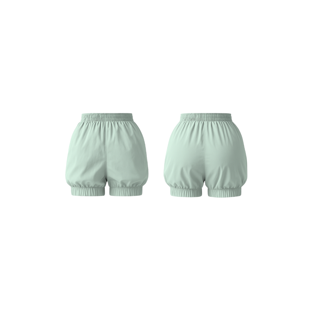 Minimalist mint cloud shorts with a soft bubble silhouette, elastic waistband, and smooth matte finish — front and back view on a white background.