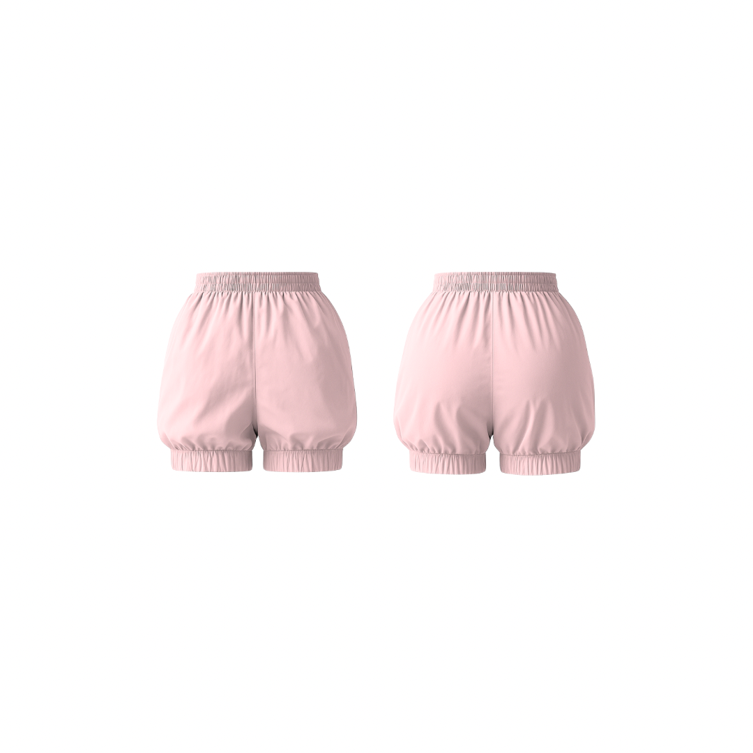 Minimalist powder pink shorts with a soft bubble silhouette, elastic waistband, and smooth matte finish — front and back view on a white background.