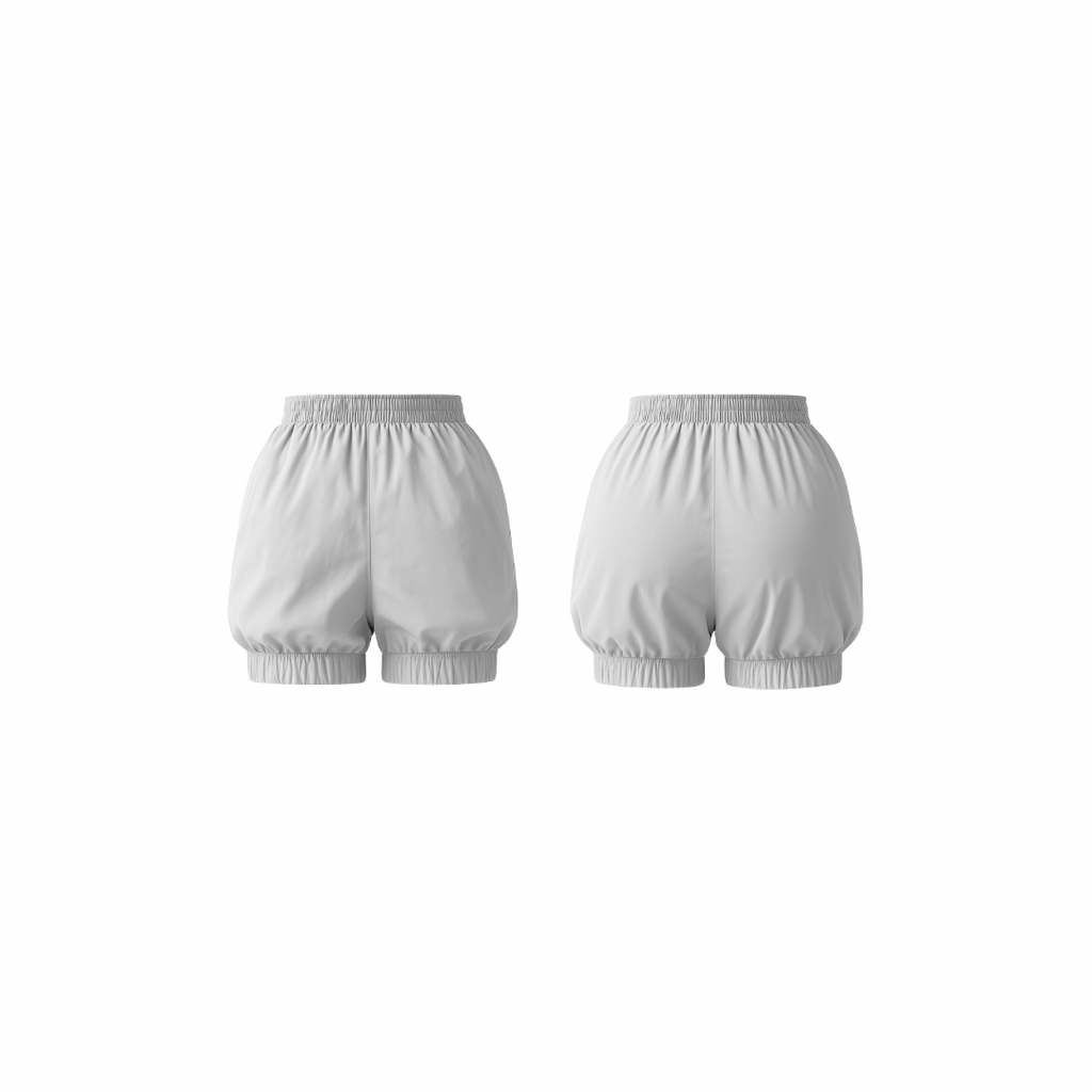 Minimalist white shorts with a soft bubble silhouette, elastic waistband, and smooth matte finish — front and back view on a white background.
