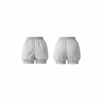 Minimalist white shorts with a soft bubble silhouette, elastic waistband, and smooth matte finish — front and back view on a white background.