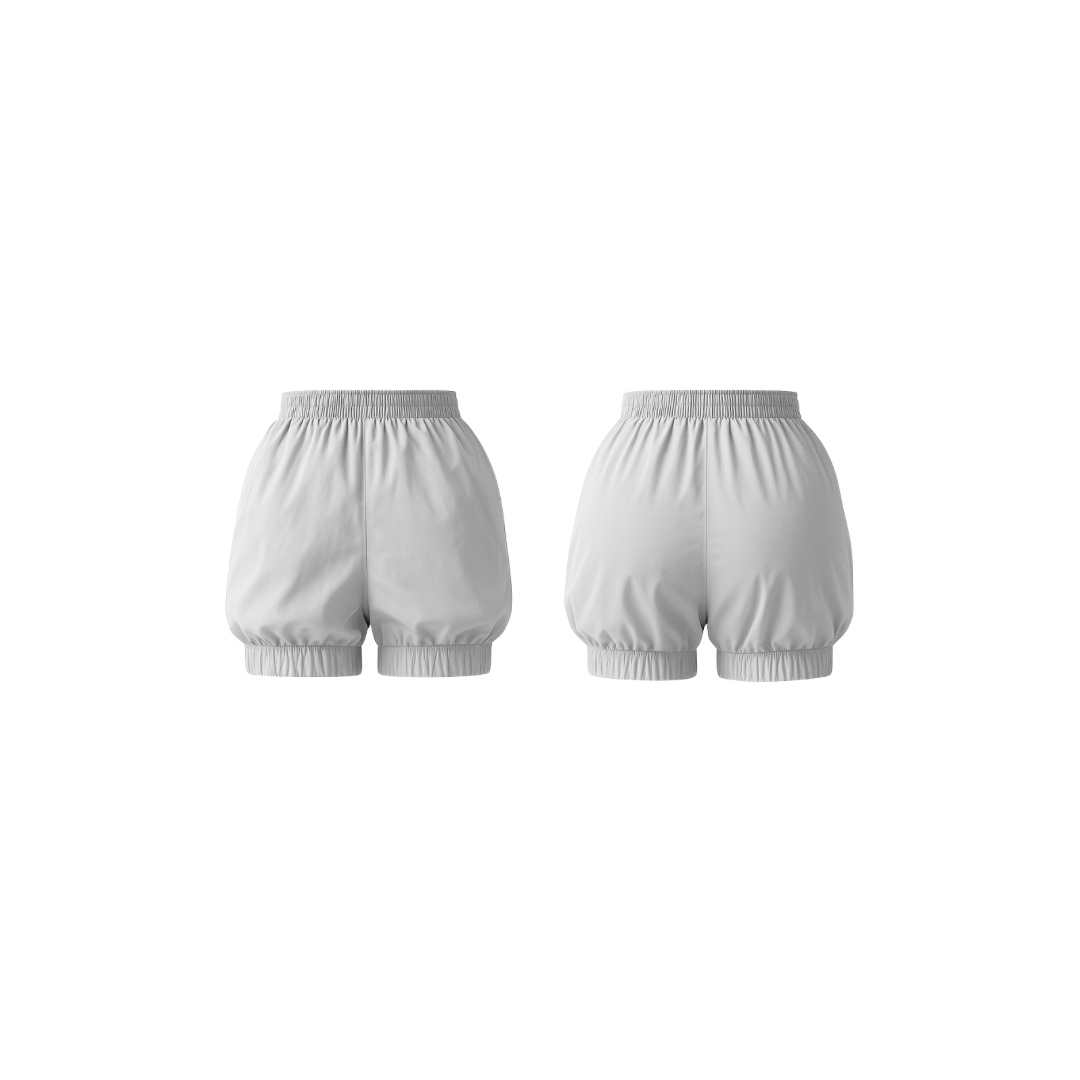 Minimalist white shorts with a soft bubble silhouette, elastic waistband, and smooth matte finish — front and back view on a white background.