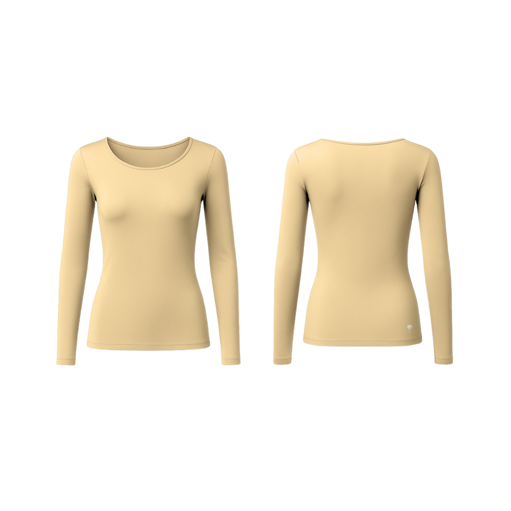 Minimalist long-sleeve seamless top in rich butter nude shade, front and back view on white background — smooth, sculpting fit with The Palm logo detail.