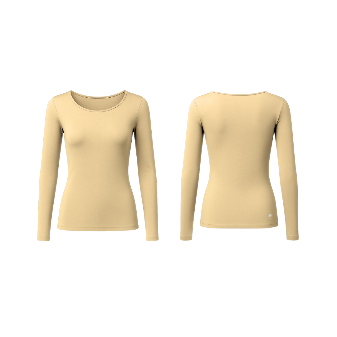 Minimalist long-sleeve seamless top in rich butter nude shade, front and back view on white background — smooth, sculpting fit with The Palm logo detail.